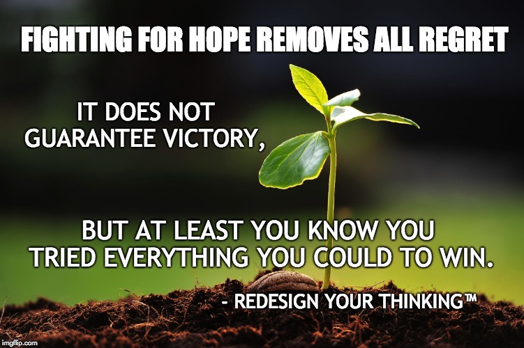 Something Worth Fighting For | FIGHTING FOR HOPE REMOVES ALL REGRET; IT DOES NOT GUARANTEE VICTORY, BUT AT LEAST YOU KNOW YOU TRIED EVERYTHING YOU COULD TO WIN. - REDESIGN YOUR THINKING™ | image tagged in hope,humanity,earth,life,no regrets,winning | made w/ Imgflip meme maker