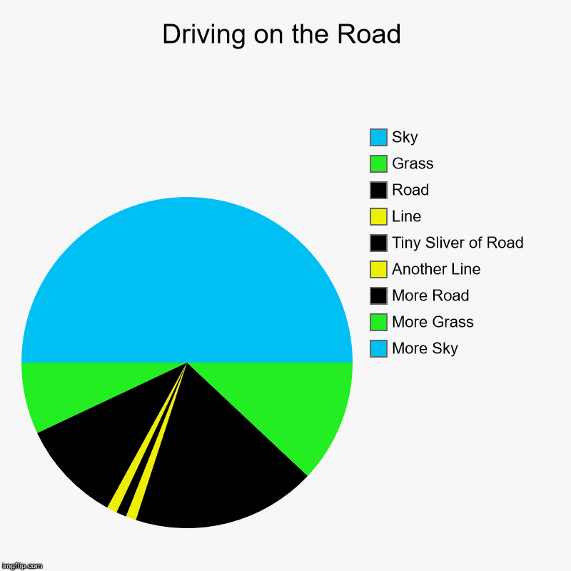 Driving on the Road | More Sky, More Grass, More Road, Another Line, Tiny Sliver of Road, Line, Road, Grass, Sky | image tagged in charts,pie charts | made w/ Imgflip chart maker