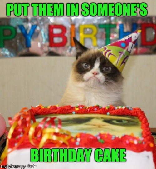 Grumpy Cat Birthday Meme | PUT THEM IN SOMEONE'S BIRTHDAY CAKE | image tagged in memes,grumpy cat birthday,grumpy cat | made w/ Imgflip meme maker