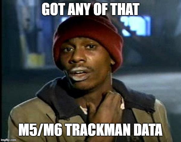 dave chappelle | GOT ANY OF THAT; M5/M6 TRACKMAN DATA | image tagged in dave chappelle | made w/ Imgflip meme maker