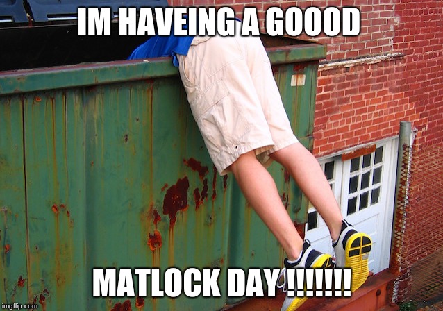 Dumpster Dive | IM HAVEING A GOOOD; MATLOCK DAY !!!!!!! | image tagged in dumpster dive | made w/ Imgflip meme maker