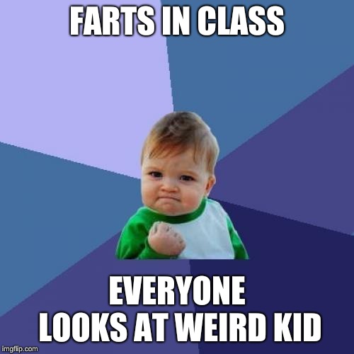 Success Kid | FARTS IN CLASS; EVERYONE LOOKS AT WEIRD KID | image tagged in memes,success kid | made w/ Imgflip meme maker