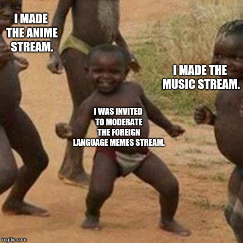 My Life on Imgflip (So Far) | I MADE THE ANIME STREAM. I MADE THE MUSIC STREAM. I WAS INVITED TO MODERATE THE FOREIGN LANGUAGE MEMES STREAM. | image tagged in memes,third world success kid,success,imgflip streams | made w/ Imgflip meme maker