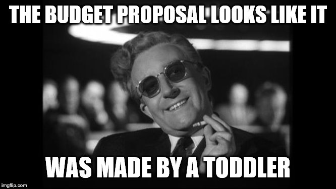 dr strangelove | THE BUDGET PROPOSAL LOOKS LIKE IT WAS MADE BY A TODDLER | image tagged in dr strangelove | made w/ Imgflip meme maker