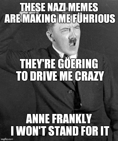 Angry Hitler | THESE NAZI MEMES ARE MAKING ME FÜHRIOUS; THEY'RE GÖERING TO DRIVE ME CRAZY; ANNE FRANKLY I WON'T STAND FOR IT | image tagged in angry hitler | made w/ Imgflip meme maker
