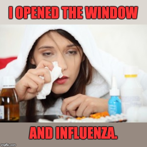Sick | I OPENED THE WINDOW; AND INFLUENZA. | image tagged in sick | made w/ Imgflip meme maker