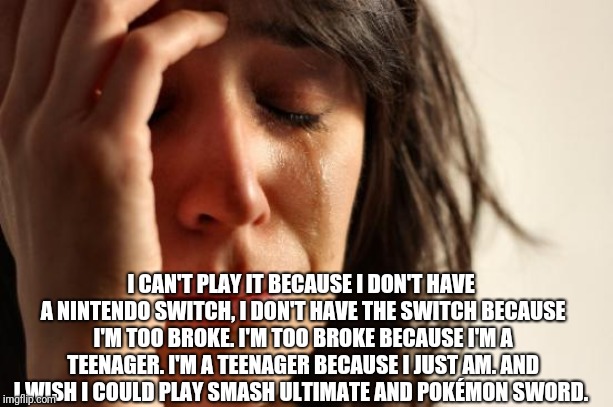 First World Problems Meme | I CAN'T PLAY IT BECAUSE I DON'T HAVE A NINTENDO SWITCH, I DON'T HAVE THE SWITCH BECAUSE I'M TOO BROKE. I'M TOO BROKE BECAUSE I'M A TEENAGER. | image tagged in memes,first world problems | made w/ Imgflip meme maker