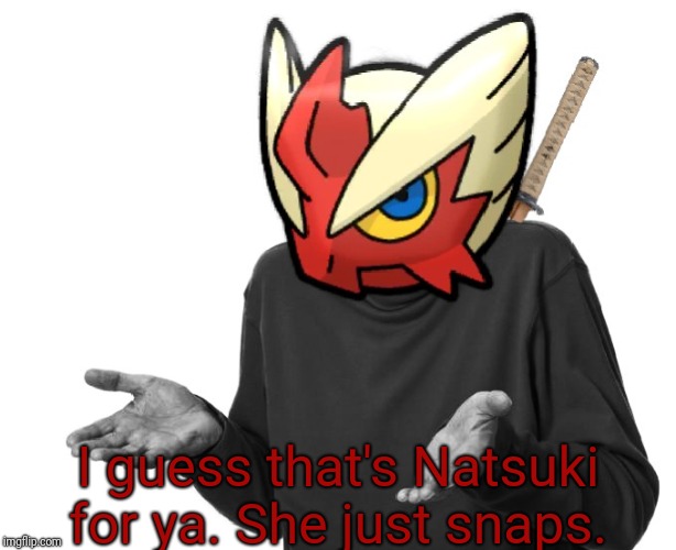 I guess I'll (Blaze the Blaziken) | I guess that's Natsuki for ya. She just snaps. | image tagged in i guess i'll blaze the blaziken | made w/ Imgflip meme maker