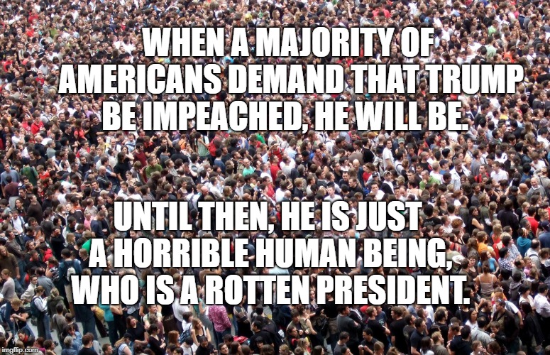 crowd of people | WHEN A MAJORITY OF AMERICANS DEMAND THAT TRUMP BE IMPEACHED, HE WILL BE. UNTIL THEN, HE IS JUST A HORRIBLE HUMAN BEING, WHO IS A ROTTEN PRESIDENT. | image tagged in crowd of people | made w/ Imgflip meme maker