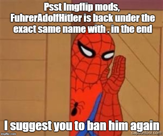 Ban FuhrerAdolfHitler. Again! | Psst Imgflip mods, FuhrerAdolfHitler is back under the exact same name with . in the end; I suggest you to ban him again | image tagged in psst spiderman | made w/ Imgflip meme maker