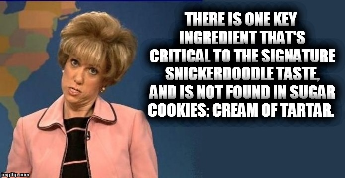 THERE IS ONE KEY INGREDIENT THAT'S CRITICAL TO THE SIGNATURE SNICKERDOODLE TASTE, AND IS NOT FOUND IN SUGAR COOKIES: CREAM OF TARTAR. | made w/ Imgflip meme maker