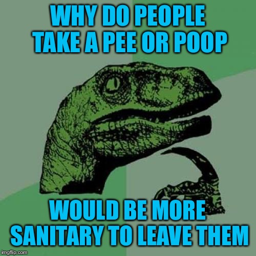Philosoraptor Meme | WHY DO PEOPLE TAKE A PEE OR POOP; WOULD BE MORE SANITARY TO LEAVE THEM | image tagged in memes,philosoraptor | made w/ Imgflip meme maker