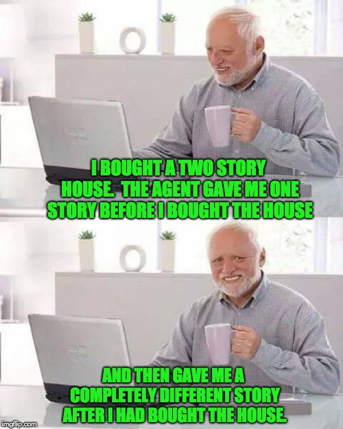 Hide the Pain Harold | I BOUGHT A TWO STORY HOUSE.  THE AGENT GAVE ME ONE STORY BEFORE I BOUGHT THE HOUSE; AND THEN GAVE ME A COMPLETELY DIFFERENT STORY AFTER I HAD BOUGHT THE HOUSE. | image tagged in memes,hide the pain harold | made w/ Imgflip meme maker