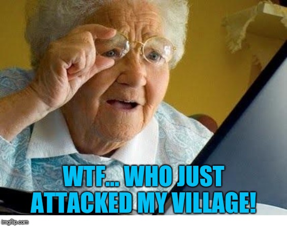 old lady at computer | WTF... WHO JUST ATTACKED MY VILLAGE! | image tagged in old lady at computer | made w/ Imgflip meme maker