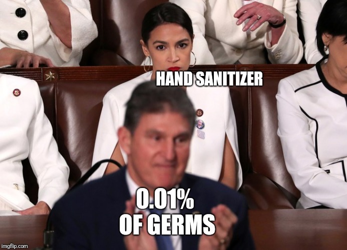 Alexandria Ocasio-Cortez State of the union scowl | HAND SANITIZER; 0.01% OF GERMS | image tagged in alexandria ocasio-cortez state of the union scowl | made w/ Imgflip meme maker