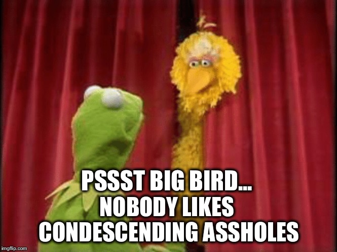 NOBODY LIKES CONDESCENDING ASSHOLES PSSST BIG BIRD... | made w/ Imgflip meme maker