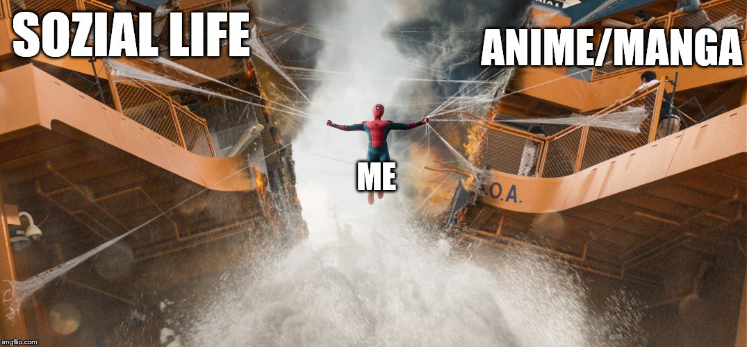 ANIME/MANGA; SOZIAL LIFE; ME | image tagged in spiderman,life,anime | made w/ Imgflip meme maker