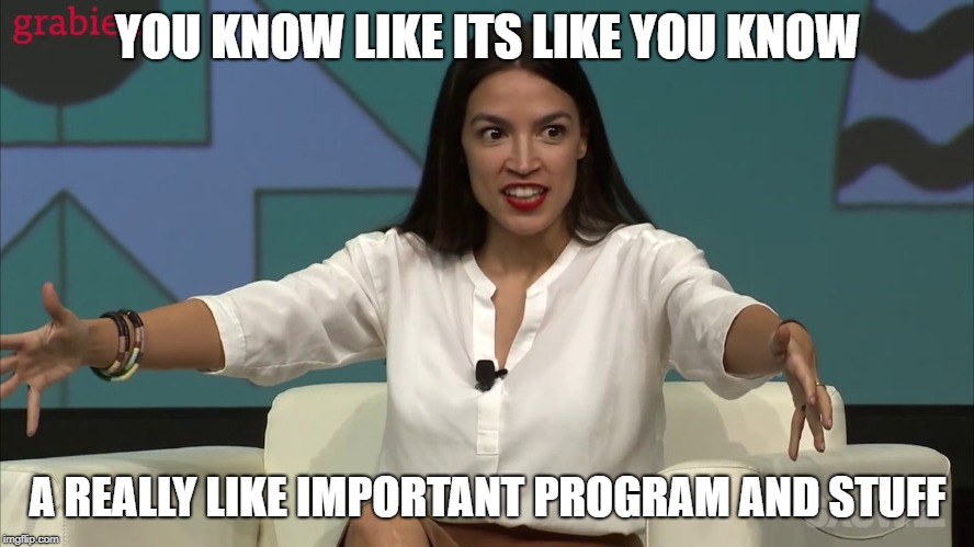 AOC Like | YOU KNOW LIKE ITS LIKE YOU KNOW; A REALLY LIKE IMPORTANT PROGRAM AND STUFF | image tagged in aoc | made w/ Imgflip meme maker