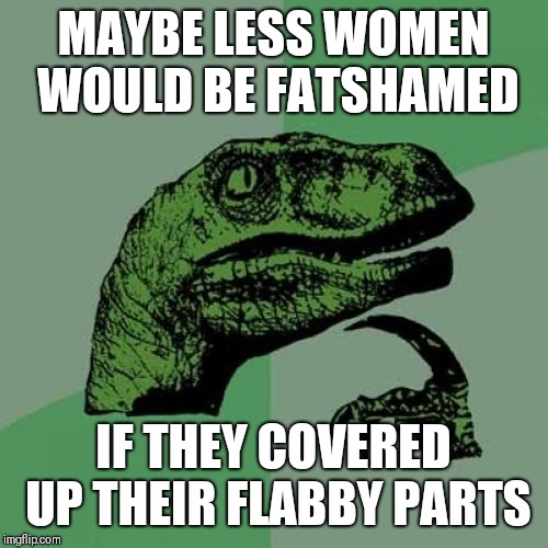 Something to consider... | MAYBE LESS WOMEN WOULD BE FATSHAMED; IF THEY COVERED UP THEIR FLABBY PARTS | image tagged in memes,philosoraptor,funny,knowledge | made w/ Imgflip meme maker