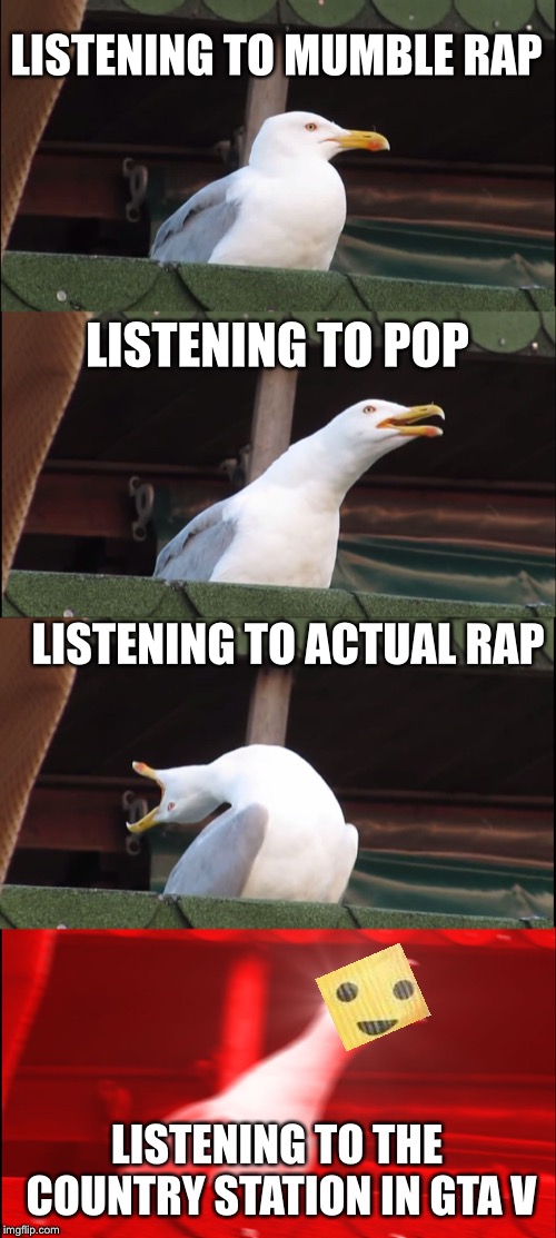 Inhaling Seagull Meme | LISTENING TO MUMBLE RAP; LISTENING TO POP; LISTENING TO ACTUAL RAP; LISTENING TO THE COUNTRY STATION IN GTA V | image tagged in memes,inhaling seagull | made w/ Imgflip meme maker