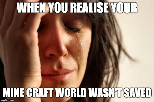 First World Problems | WHEN YOU REALISE YOUR; MINE CRAFT WORLD WASN'T SAVED | image tagged in memes,first world problems | made w/ Imgflip meme maker