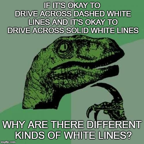 Philosoraptor Meme | IF IT'S OKAY TO DRIVE ACROSS DASHED WHITE LINES AND IT'S OKAY TO DRIVE ACROSS SOLID WHITE LINES; WHY ARE THERE DIFFERENT KINDS OF WHITE LINES? | image tagged in memes,philosoraptor | made w/ Imgflip meme maker