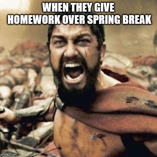 THIS IS SPARTA!!!! | WHEN THEY GIVE HOMEWORK OVER SPRING BREAK | image tagged in this is sparta | made w/ Imgflip meme maker