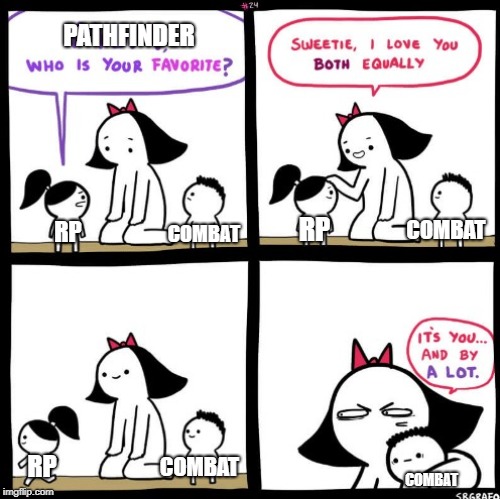 PATHFINDER; RP; COMBAT; RP; COMBAT; RP; COMBAT; COMBAT | image tagged in tabletop,gaming | made w/ Imgflip meme maker