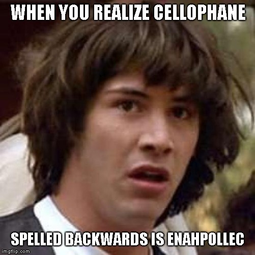 Ships are made for sinking, whiskey made for drinking and if we were made of cellophane we all would get stinking drunk faster | WHEN YOU REALIZE CELLOPHANE; SPELLED BACKWARDS IS ENAHPOLLEC | image tagged in memes,conspiracy keanu,backwards words so hot | made w/ Imgflip meme maker
