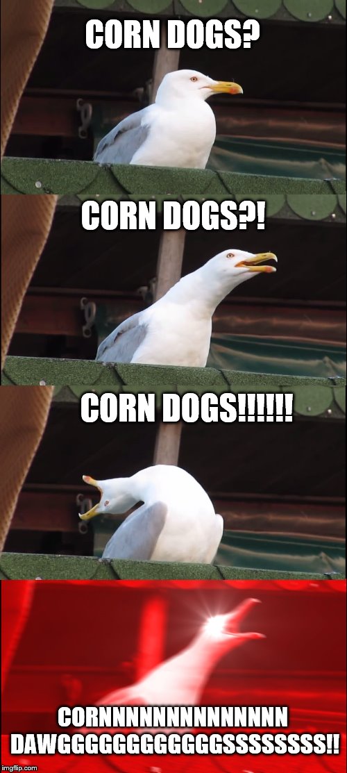 Inhaling Seagull Meme | CORN DOGS? CORN DOGS?! CORN DOGS!!!!!! CORNNNNNNNNNNNNNN DAWGGGGGGGGGGGGSSSSSSSS!! | image tagged in memes,inhaling seagull | made w/ Imgflip meme maker
