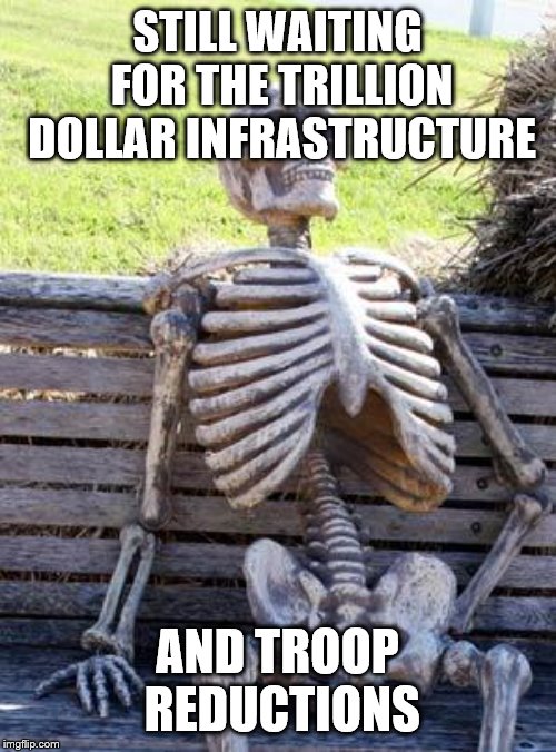 Waiting Skeleton Meme | STILL WAITING FOR THE TRILLION DOLLAR INFRASTRUCTURE AND TROOP REDUCTIONS | image tagged in memes,waiting skeleton | made w/ Imgflip meme maker