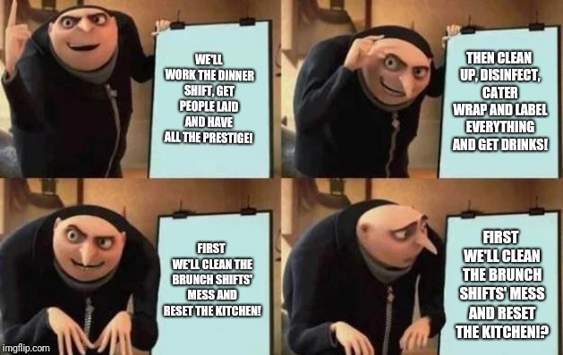 Gru's Plan Meme | WE'LL WORK THE DINNER SHIFT, GET PEOPLE LAID AND HAVE ALL THE PRESTIGE! THEN CLEAN UP, DISINFECT, CATER WRAP AND LABEL EVERYTHING AND GET DRINKS! FIRST WE'LL CLEAN THE BRUNCH SHIFTS' MESS AND RESET THE KITCHEN! FIRST WE'LL CLEAN THE BRUNCH SHIFTS' MESS AND RESET THE KITCHEN!? | image tagged in gru's plan | made w/ Imgflip meme maker