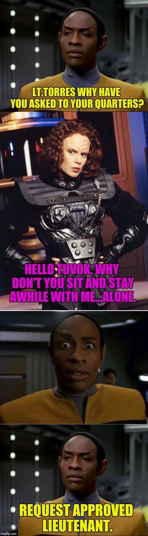 LT.TORRES WHY HAVE YOU ASKED TO YOUR QUARTERS? HELLO TUVOK, WHY DON'T YOU SIT AND STAY AWHILE WITH ME...ALONE. REQUEST APPROVED LIEUTENANT. | image tagged in star trek voyager | made w/ Imgflip meme maker