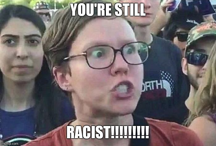 Triggered Liberal | YOU'RE STILL RACIST!!!!!!!!! | image tagged in triggered liberal | made w/ Imgflip meme maker