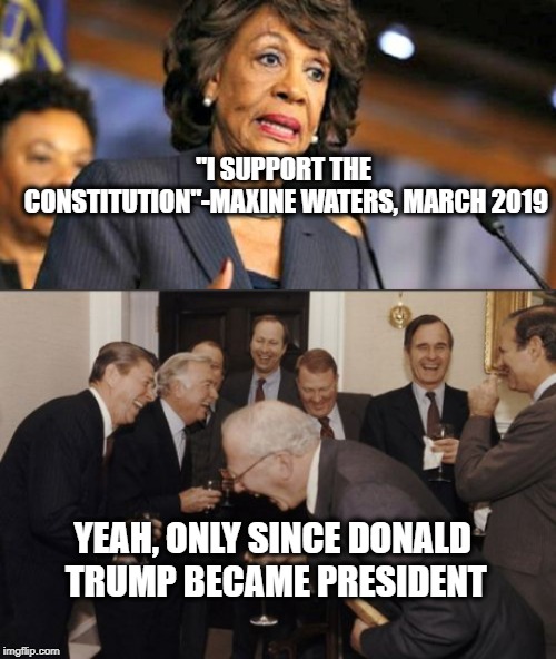"I SUPPORT THE CONSTITUTION"-MAXINE WATERS, MARCH 2019; YEAH, ONLY SINCE DONALD TRUMP BECAME PRESIDENT | image tagged in memes,laughing men in suits,maxine waters,maxine waters crazy | made w/ Imgflip meme maker