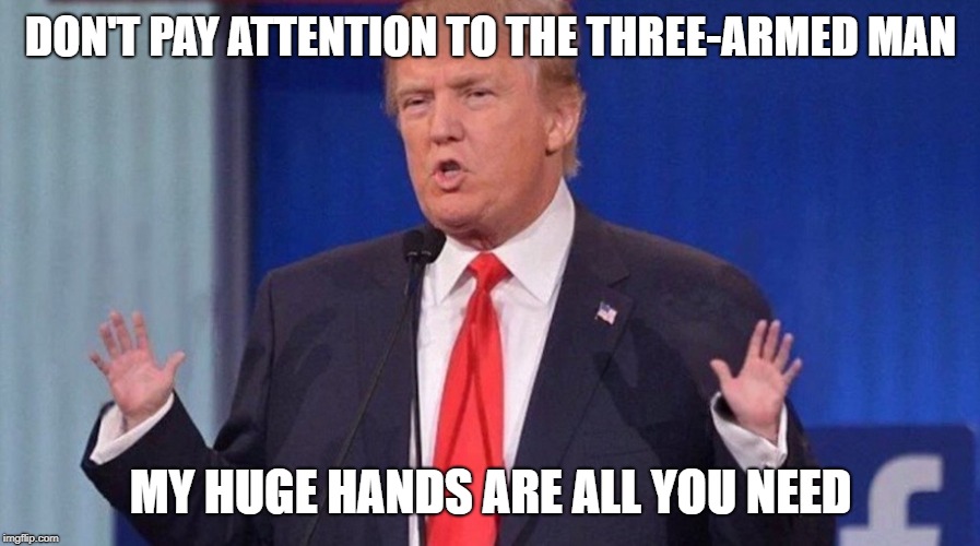 Trump Small Hands | DON'T PAY ATTENTION TO THE THREE-ARMED MAN MY HUGE HANDS ARE ALL YOU NEED | image tagged in trump small hands | made w/ Imgflip meme maker