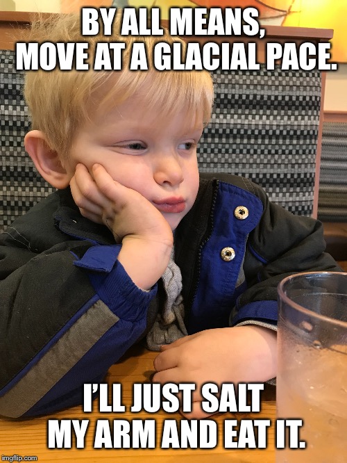 BY ALL MEANS, MOVE AT A GLACIAL PACE. I’LL JUST SALT MY ARM AND EAT IT. | image tagged in bored landon noodle | made w/ Imgflip meme maker