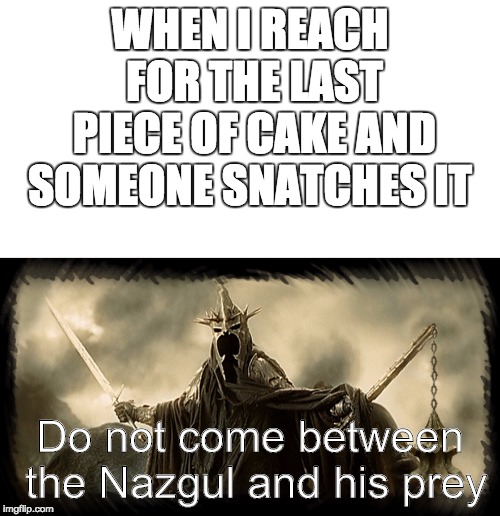 LOTR Nazgul | WHEN I REACH FOR THE LAST PIECE OF CAKE AND SOMEONE SNATCHES IT; Do not come between the Nazgul and his prey | image tagged in nazgul coffee,lord of the rings,memes,funny,funny memes,funny meme | made w/ Imgflip meme maker