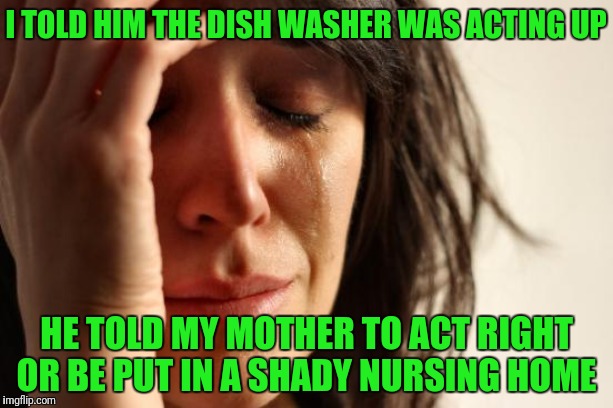 First World Problems Meme | I TOLD HIM THE DISH WASHER WAS ACTING UP; HE TOLD MY MOTHER TO ACT RIGHT OR BE PUT IN A SHADY NURSING HOME | image tagged in memes,first world problems | made w/ Imgflip meme maker