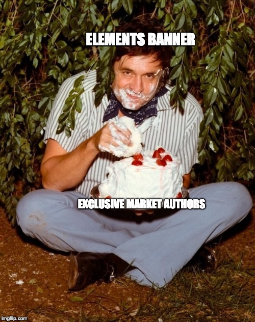 Johnny Cash Eating Cake | ELEMENTS BANNER; EXCLUSIVE MARKET AUTHORS | image tagged in johnny cash eating cake | made w/ Imgflip meme maker