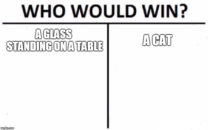 Who Would Win? Meme | A GLASS STANDING ON A TABLE; A CAT | image tagged in memes,who would win | made w/ Imgflip meme maker