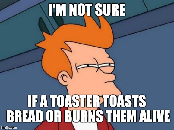 Futurama Fry Meme | I'M NOT SURE; IF A TOASTER TOASTS BREAD OR BURNS THEM ALIVE | image tagged in memes,futurama fry | made w/ Imgflip meme maker