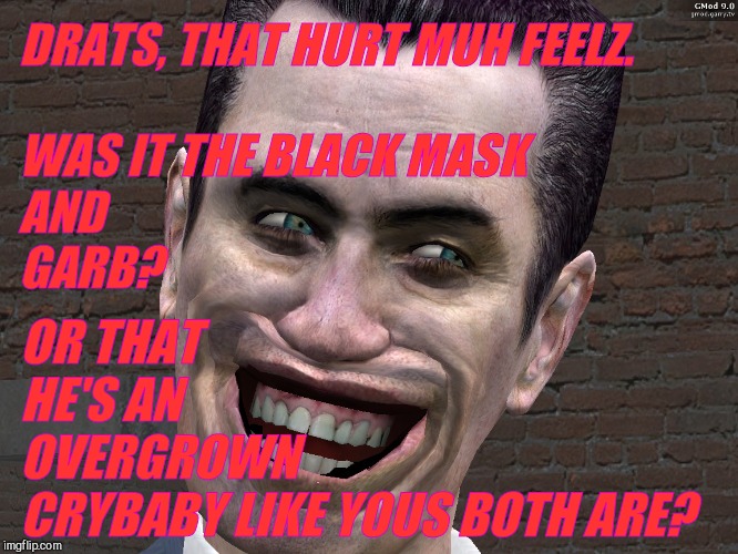 . | DRATS, THAT HURT MUH FEELZ.                                        WAS IT THE BLACK MASK            AND               
                   GA | image tagged in g-man from half-life | made w/ Imgflip meme maker