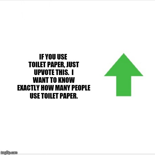 I'm giving it a go... | IF YOU USE TOILET PAPER,
JUST UPVOTE THIS.  I WANT
TO KNOW EXACTLY HOW MANY
PEOPLE USE TOILET PAPER. | image tagged in blank white template,toilet,toilet paper,points,please forgive me | made w/ Imgflip meme maker