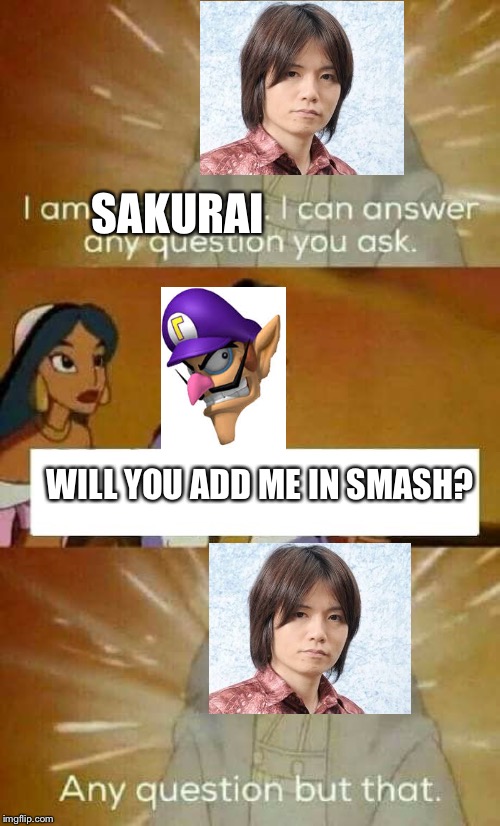 oracle question | SAKURAI; WILL YOU ADD ME IN SMASH? | image tagged in oracle question | made w/ Imgflip meme maker