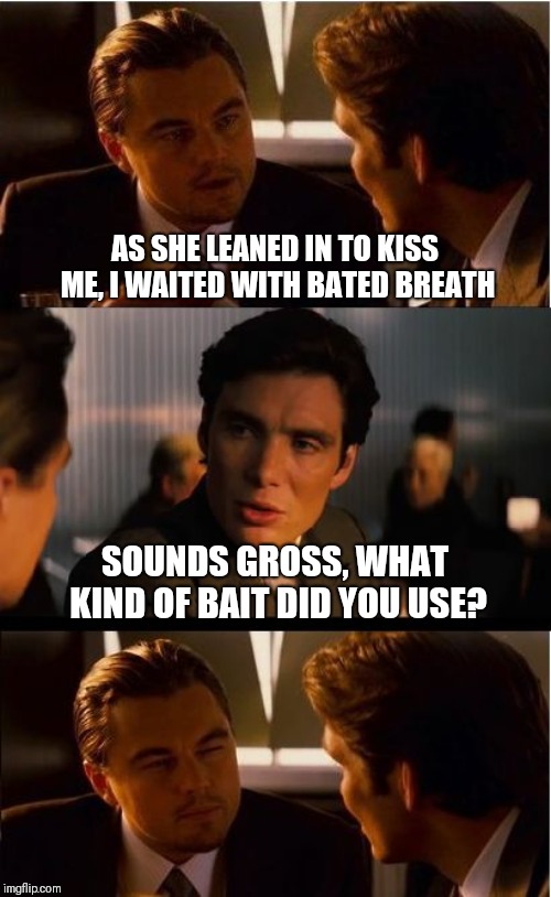 Inception Meme | AS SHE LEANED IN TO KISS ME, I WAITED WITH BATED BREATH; SOUNDS GROSS, WHAT KIND OF BAIT DID YOU USE? | image tagged in memes,inception | made w/ Imgflip meme maker