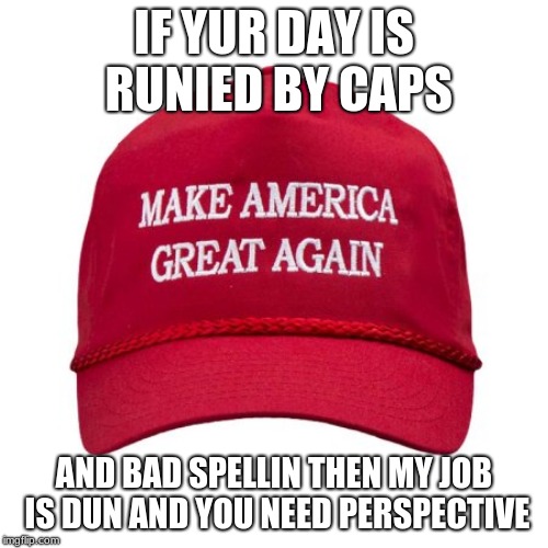 No one but you cares if you are easily offended. | IF YUR DAY IS RUNIED BY CAPS; AND BAD SPELLIN THEN MY JOB IS DUN AND YOU NEED PERSPECTIVE | image tagged in maga,triggered,progressives,you are not all that | made w/ Imgflip meme maker