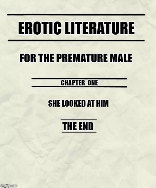 short story | EROTIC LITERATURE; FOR THE PREMATURE MALE; CHAPTER  ONE; SHE LOOKED AT HIM; THE END | image tagged in erotic literature,silly | made w/ Imgflip meme maker