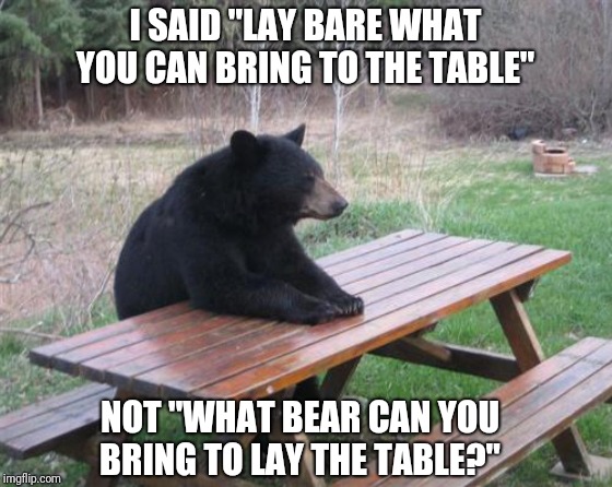 Bad Luck Bear | I SAID "LAY BARE WHAT YOU CAN BRING TO THE TABLE"; NOT "WHAT BEAR CAN YOU BRING TO LAY THE TABLE?" | image tagged in memes,bad luck bear | made w/ Imgflip meme maker