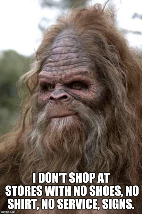 Stop putting limits on customers  | I DON'T SHOP AT STORES WITH NO SHOES, NO SHIRT, NO SERVICE, SIGNS. | image tagged in sasquatch,no more signs,ban business | made w/ Imgflip meme maker